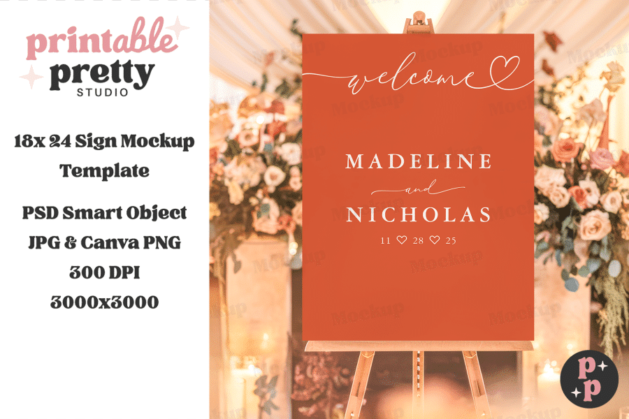 Rustic Orange Wedding Welcome Sign With Madeline And Nicholas'S Names And Wedding Date.