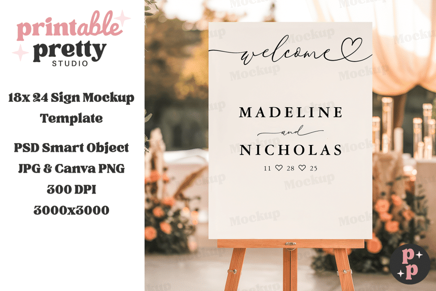 Wedding Welcome Sign On Easel, Displaying The Names Madeline And Nicholas And Their Wedding Date.