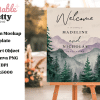 Wedding Welcome Sign With Watercolor Mountains And Forest Design, Displaying The Names Madeline And Nicholas And Wedding Date.