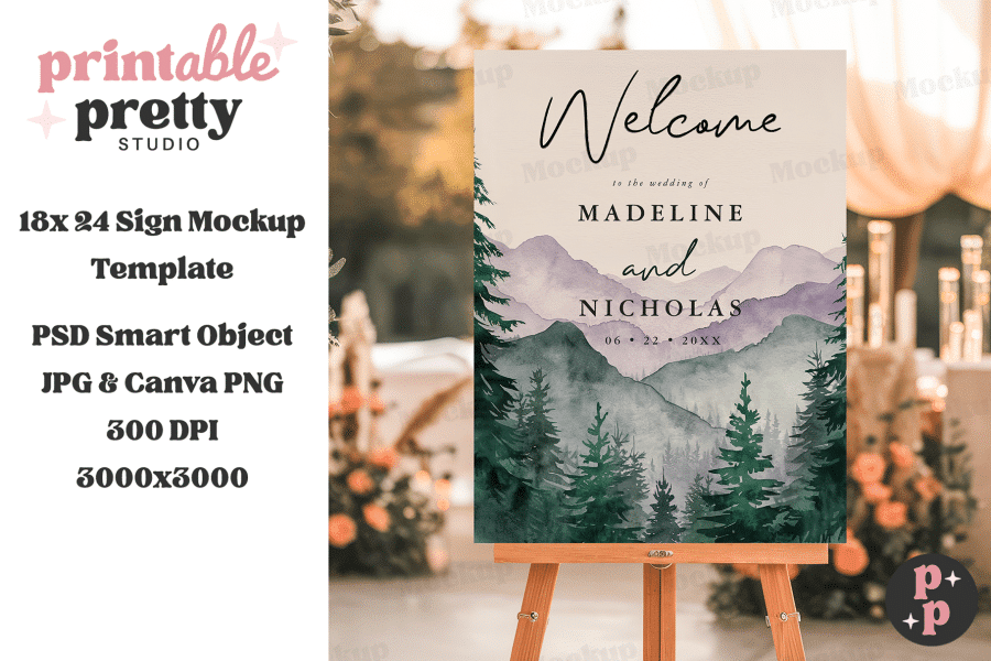 Wedding Welcome Sign With Watercolor Mountains And Forest Design, Displaying The Names Madeline And Nicholas And Wedding Date.
