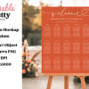 Wedding Seating Chart On An Easel.  The Chart Is Orange With The Names Madeline &Amp; Nicholas.