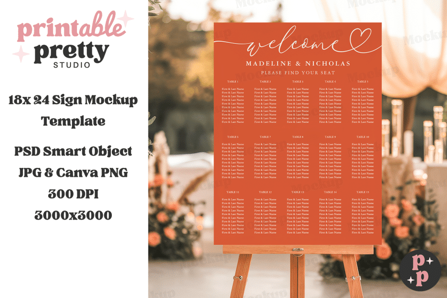 Wedding Seating Chart On An Easel.  The Chart Is Orange With The Names Madeline &Amp; Nicholas.