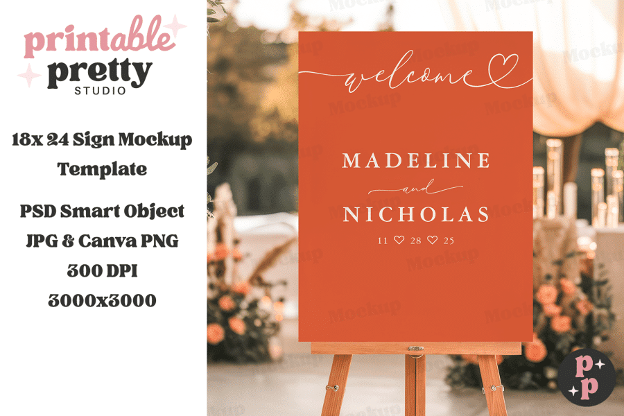 A Terracotta Wedding Welcome Sign On An Easel, Displaying The Names Madeline And Nicholas And Their Wedding Date.