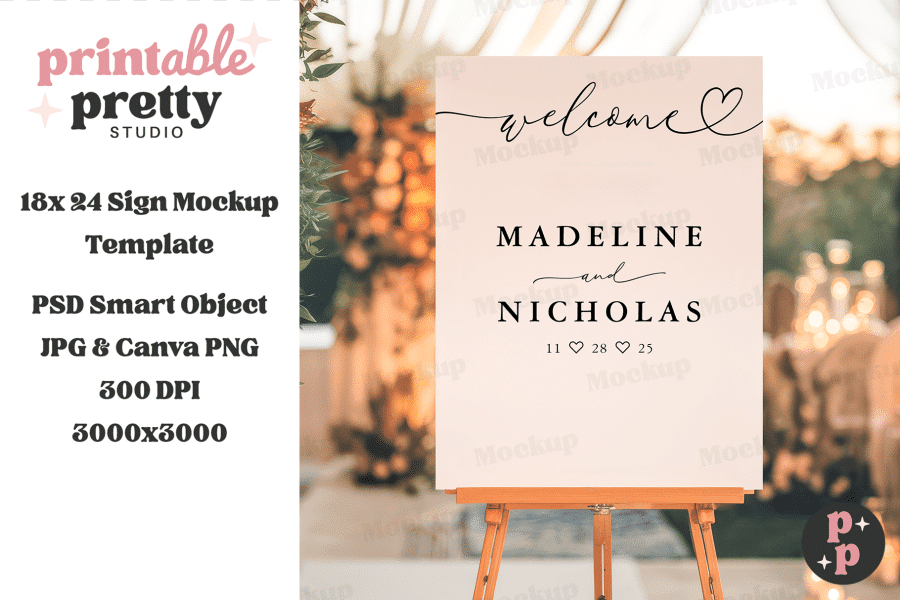 Beige Wedding Welcome Sign On An Easel, Displaying The Names Madeline And Nicholas With Their Wedding Date.