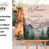 Wedding Welcome Sign Featuring A Watercolor Mountain Range And Evergreen Trees, With The Names Madeline And Nicholas And Their Wedding Date.