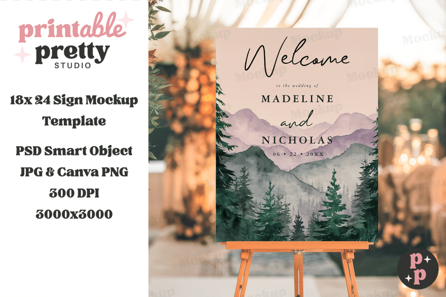 Wedding Welcome Sign Featuring A Watercolor Mountain Range And Evergreen Trees, With The Names Madeline And Nicholas And Their Wedding Date.