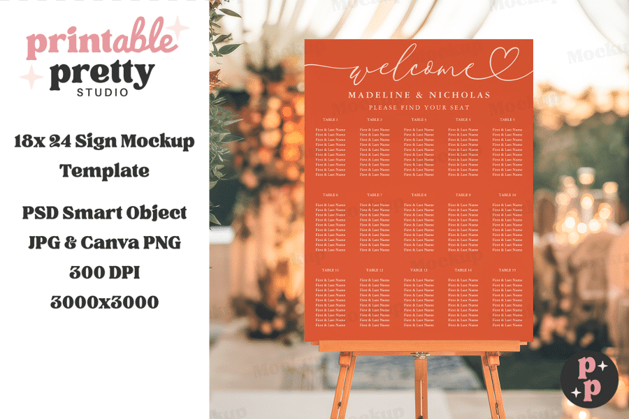 Orange Wedding Seating Chart On An Easel.