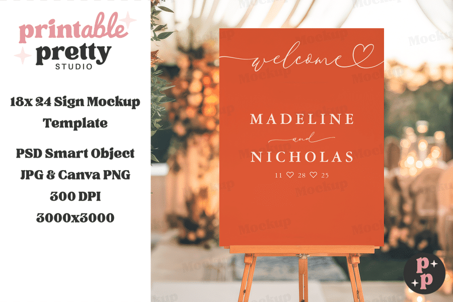 A Terracotta Welcome Sign On An Easel Displaying The Names Madeline And Nicholas With Their Wedding Date.