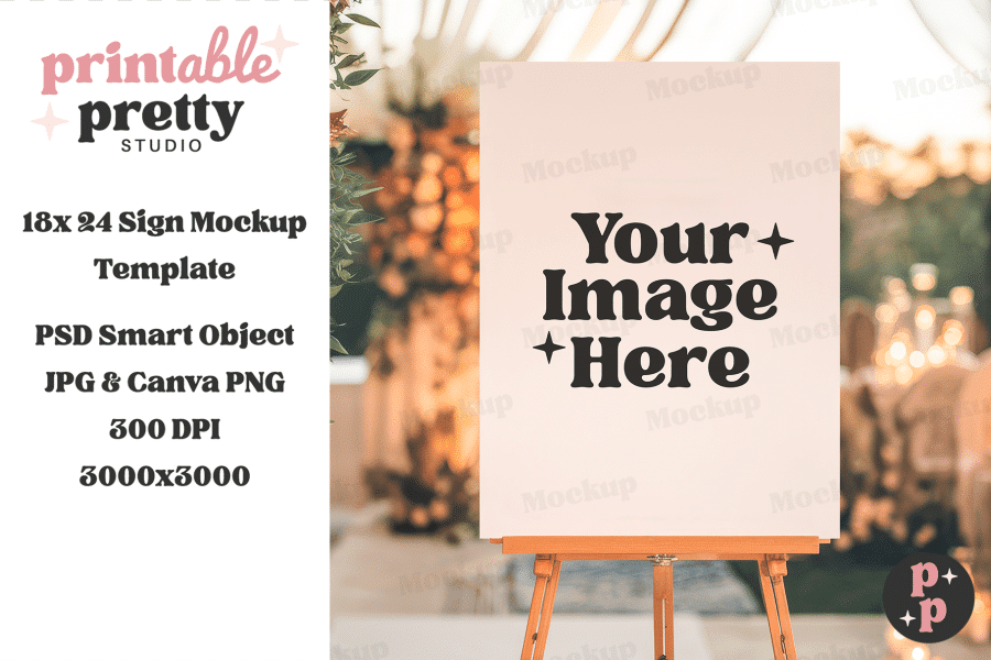 Blank Sign Mockup On Easel, Text Overlay Says Your Image Here.