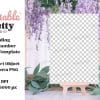 Blank Wedding Table Number Mockup Template On A Small Easel, Surrounded By Purple Wisteria And Greenery.