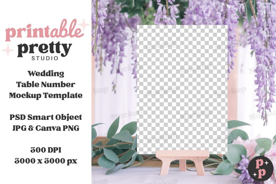 Blank wedding table number mockup template on a small easel, surrounded by purple wisteria and greenery.