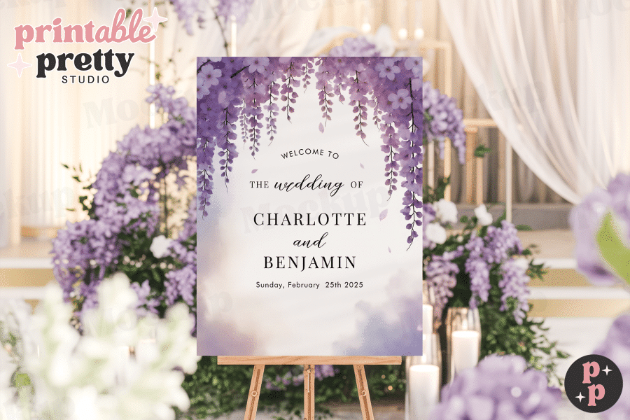 Wedding welcome sign with purple wisteria flowers, announcing Charlotte and Benjamin's wedding on February 25th, 2025.