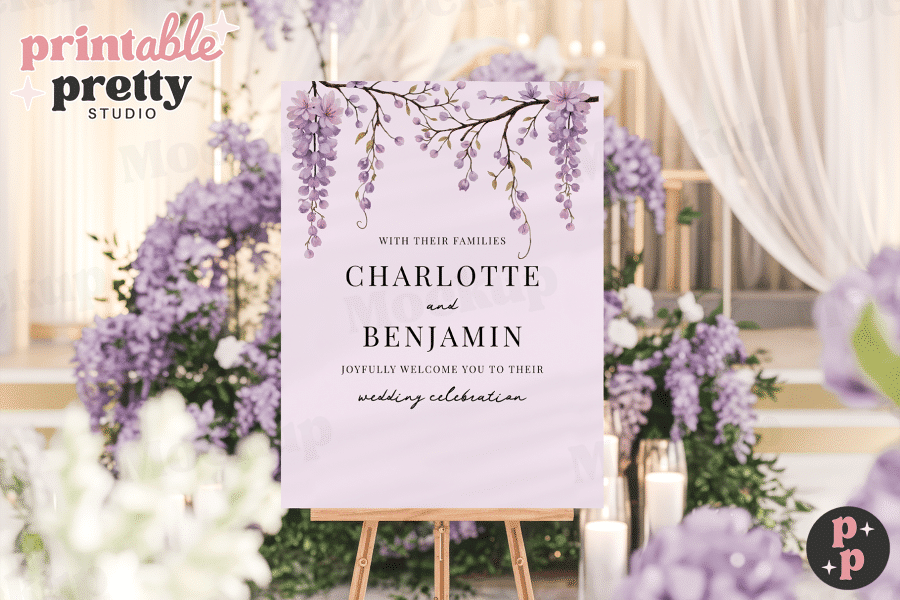 Lavender Wedding Welcome Sign With Floral Design, Announcing Charlotte And Benjamin'S Wedding.