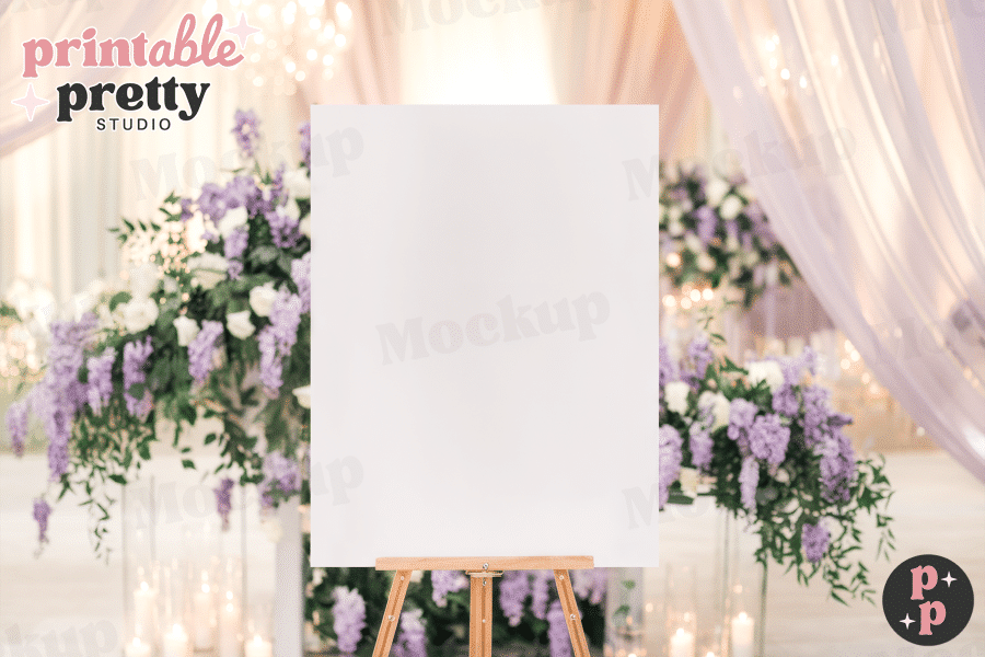 Lilac Dream Wedding Sign Mockup Blank sign on an easel in front of wedding flowers.