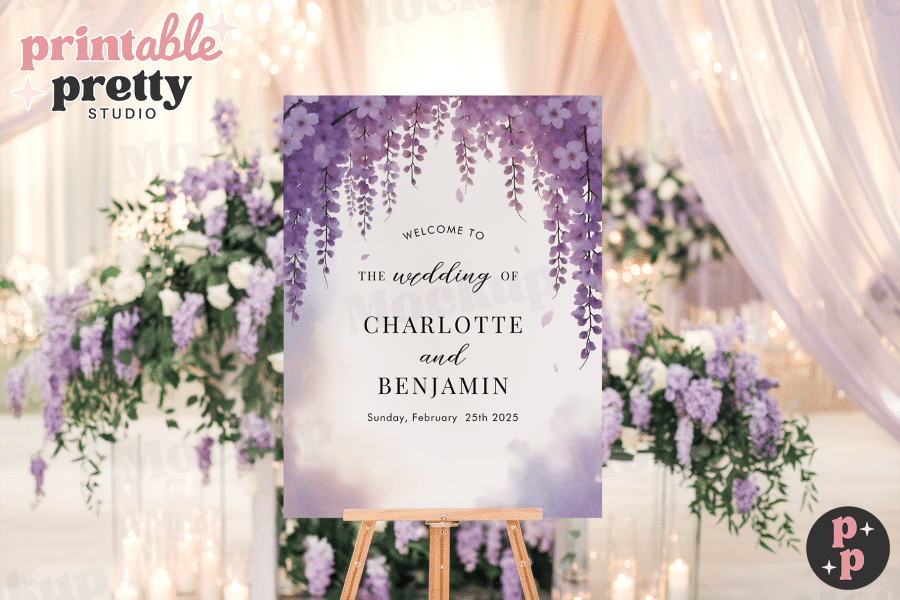 Wedding welcome sign with purple flowers, announcing Charlotte and Benjamin's wedding on February 25, 2025.