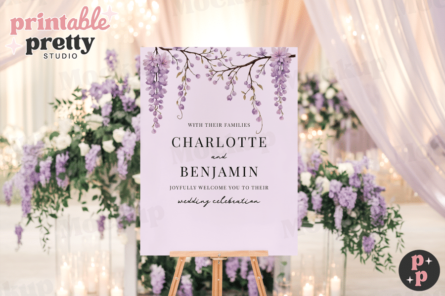Lavender Wedding Welcome Sign With Floral Details, Announcing Charlotte And Benjamin'S Wedding.