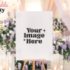 Blank Sign On Easel With Your Image Here Text, In Front Of Purple Wedding Flowers.
