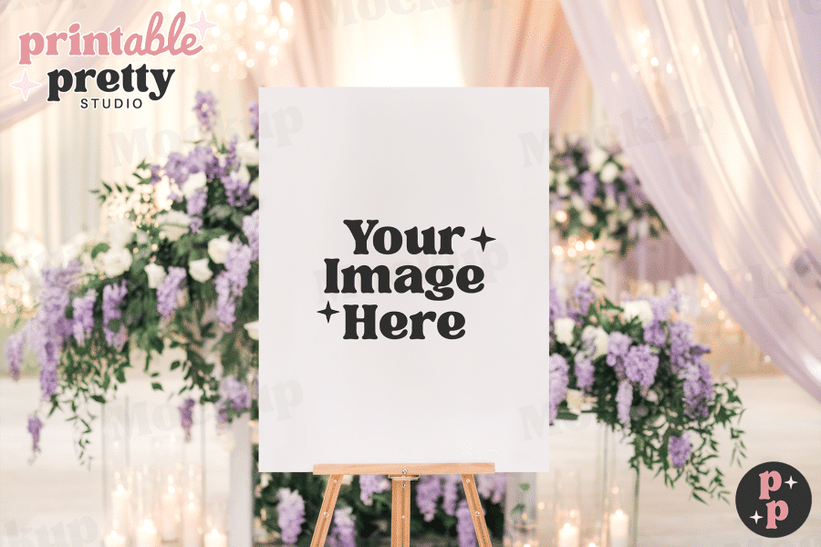 Blank Sign On Easel With Your Image Here Text, In Front Of Purple Wedding Flowers.