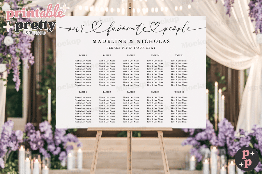 Wedding seating chart for Madeline and Nicholas, displayed on an easel.