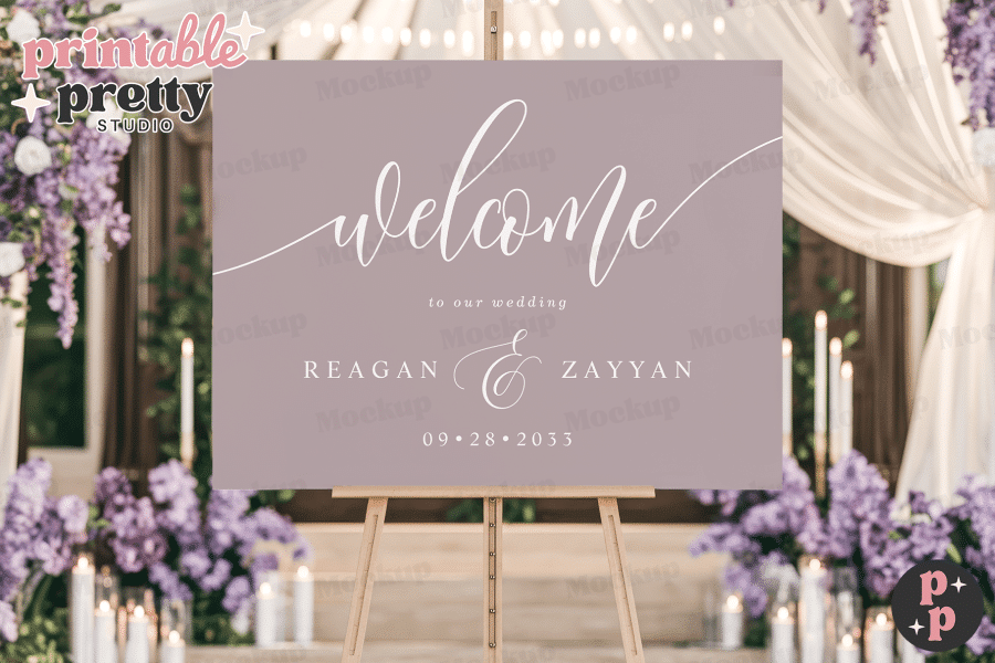 Lavender Wedding Welcome Sign With The Couple'S Names And Date.