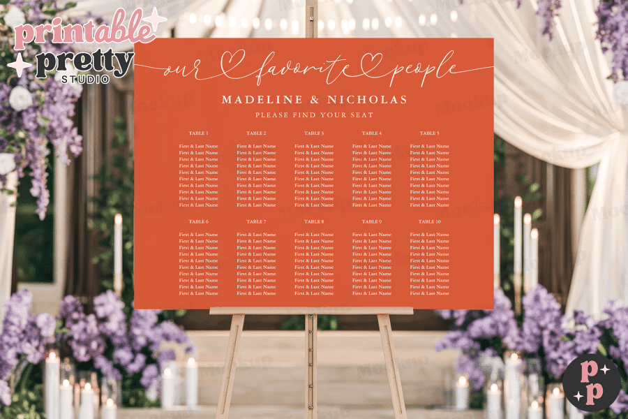 Wedding Seating Chart For Madeline &Amp; Nicholas, Displayed On An Easel.