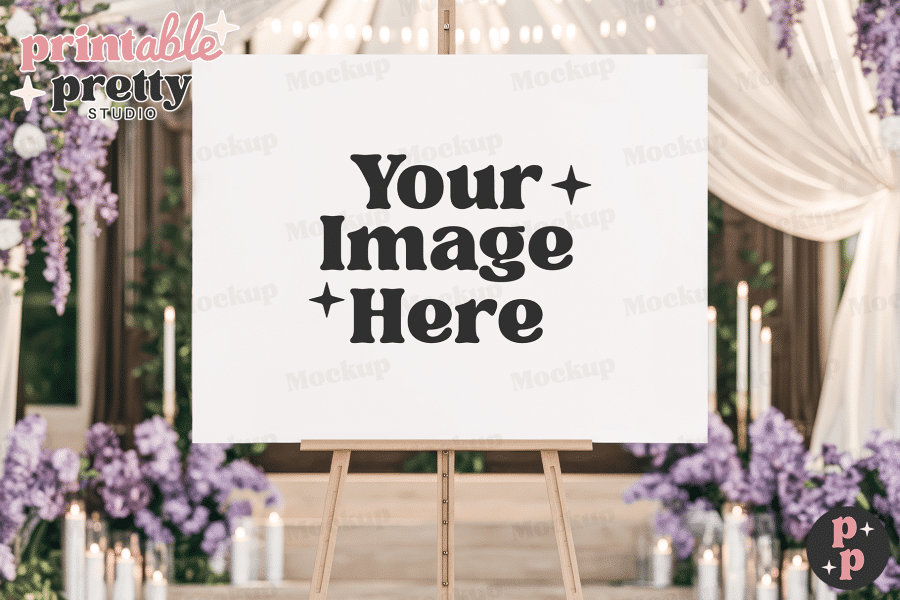 Blank Sign On Easel With Your Image Here Text, In Front Of Wedding Decor.