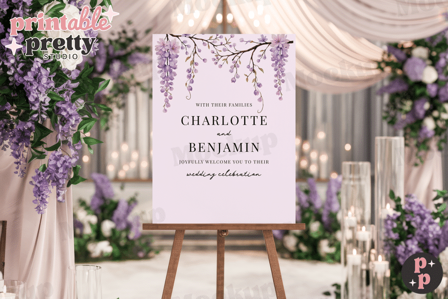 Lavender wedding welcome sign with Charlotte and Benjamin's names.