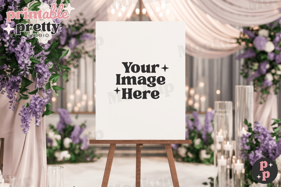 Blank Sign On Easel In Front Of Wedding Decorations.