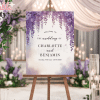 Wedding Welcome Sign With Purple Wisteria Flowers, Announcing Charlotte And Benjamin'S Wedding Date.