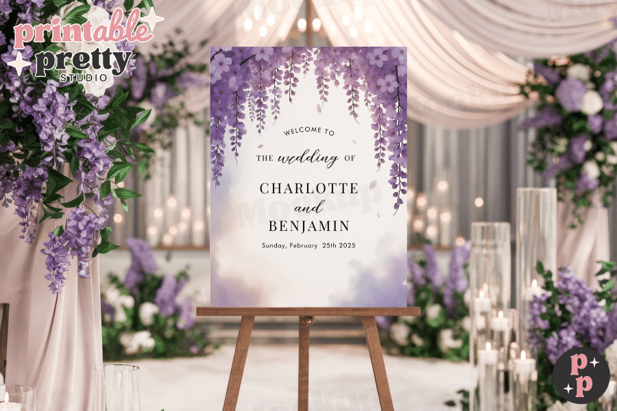 Wedding Welcome Sign With Purple Wisteria Flowers, Announcing Charlotte And Benjamin'S Wedding Date.