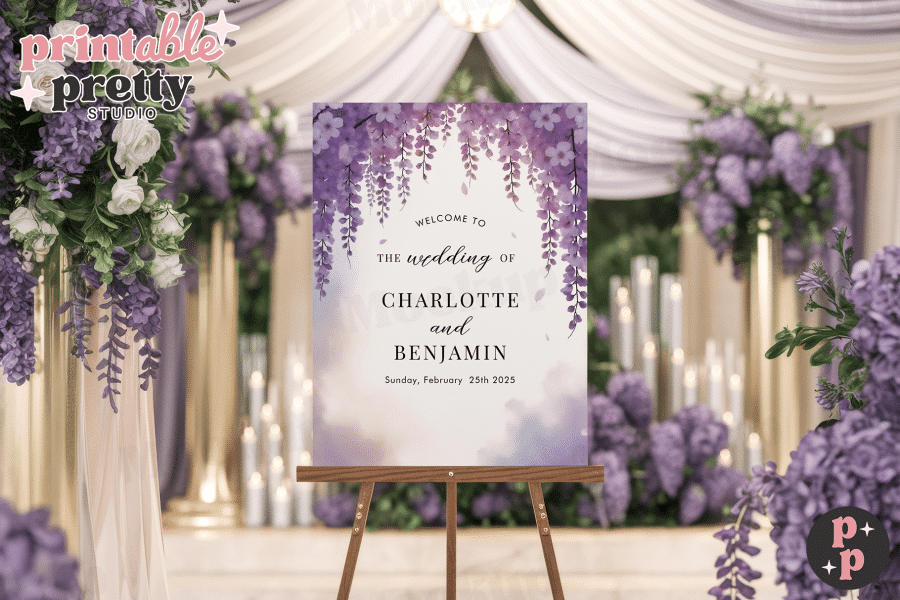Wedding welcome sign with purple wisteria flowers, announcing Charlotte and Benjamin's wedding date.