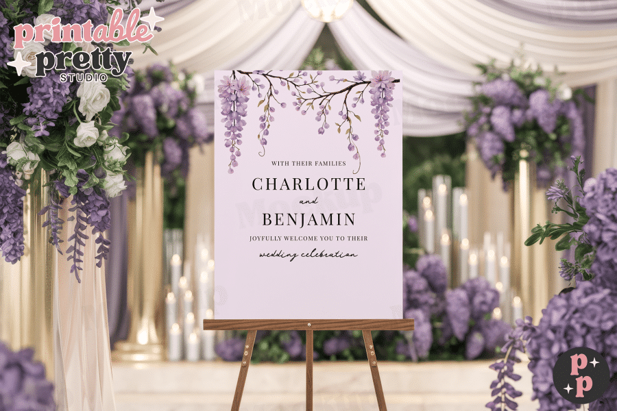 Lavender Wedding Welcome Sign With Floral Illustration, Announcing Charlotte And Benjamin'S Wedding.