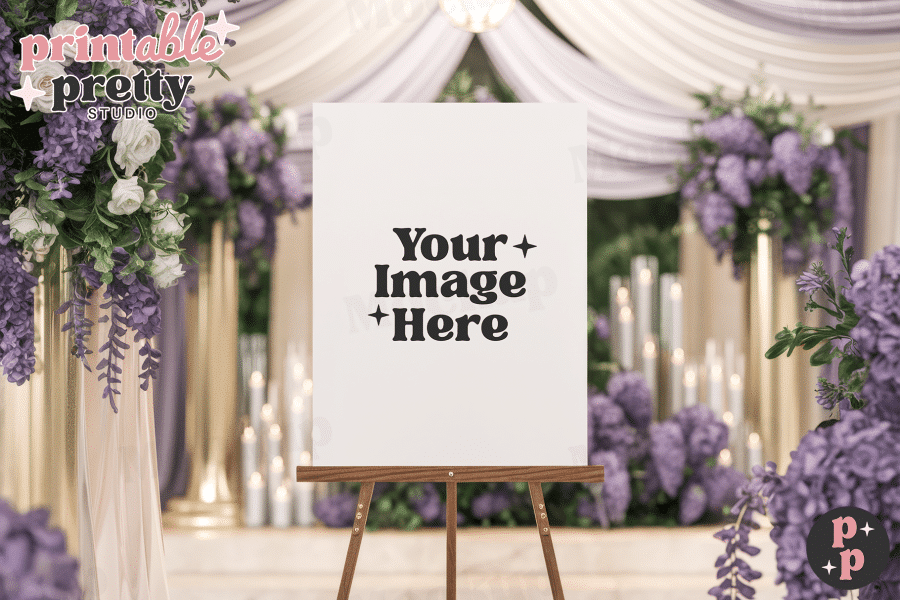 Blank Sign On Easel In Wedding Setting With Purple Flowers.