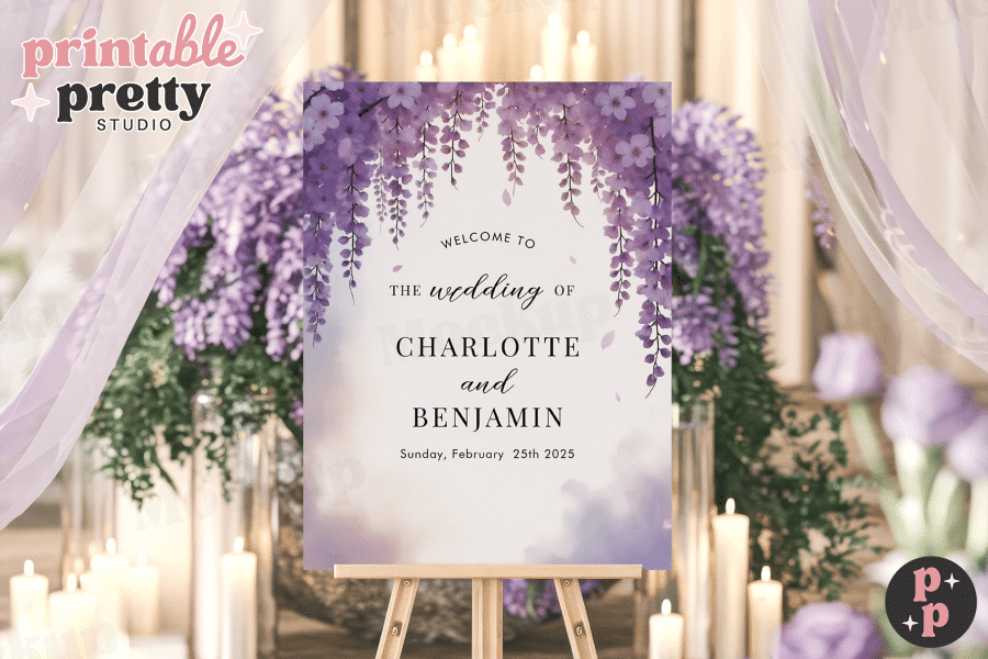 Wedding sign with purple wisteria flowers, announcing Charlotte and Benjamin's wedding date.