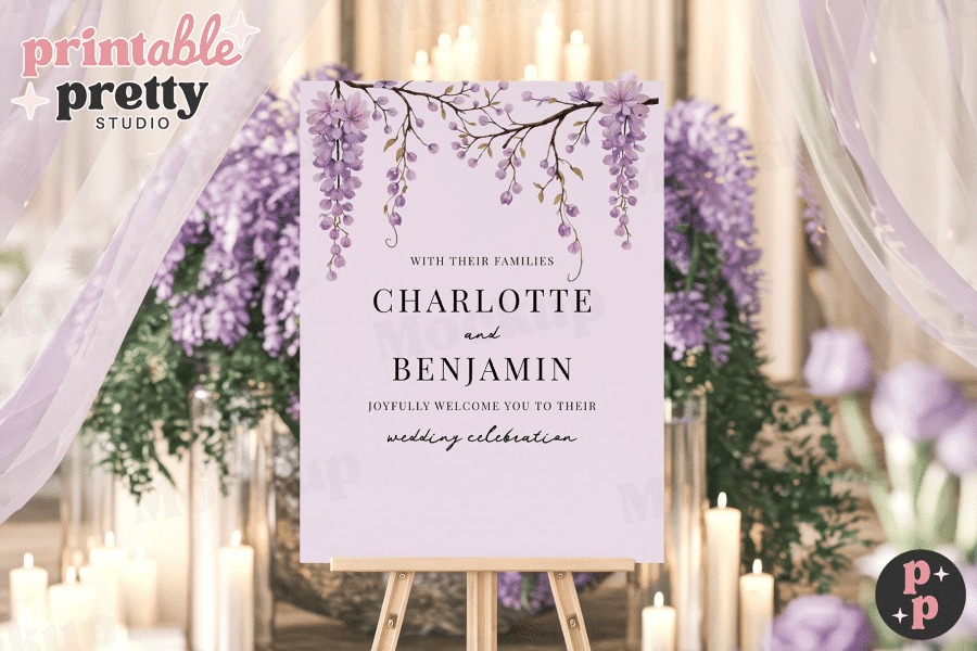 Lavender Wedding Welcome Sign With The Names Charlotte And Benjamin.