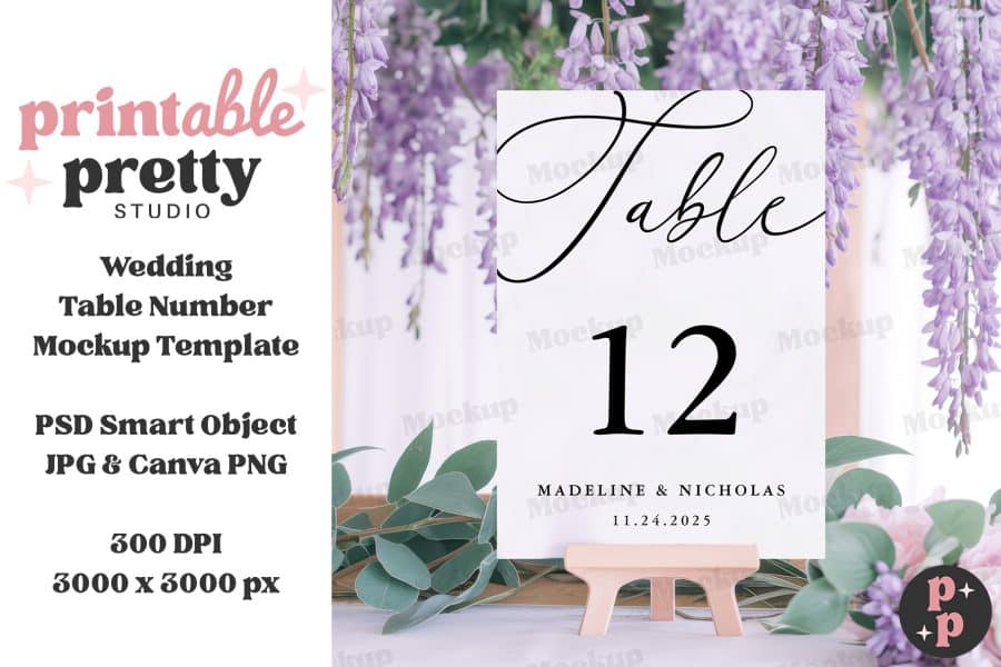 Wedding Table Number Card Mockup, Number Twelve, Names Madeline &Amp; Nicholas, Date November 24, 2025.