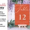 A Terracotta-Colored Wedding Table Number Card, Displaying &Quot;Table 12&Quot; And The Names Madeline &Amp; Nicholas With The Date, Sits On A Small Wooden Easel.