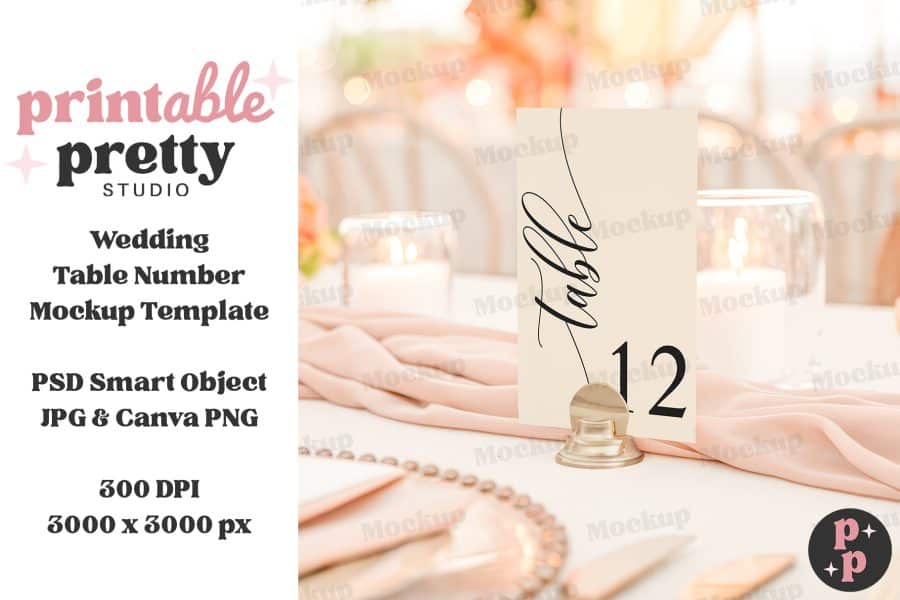 Wedding Table Number Card, Number Twelve, In Elegant Script Font, Displayed On A Table Setting.