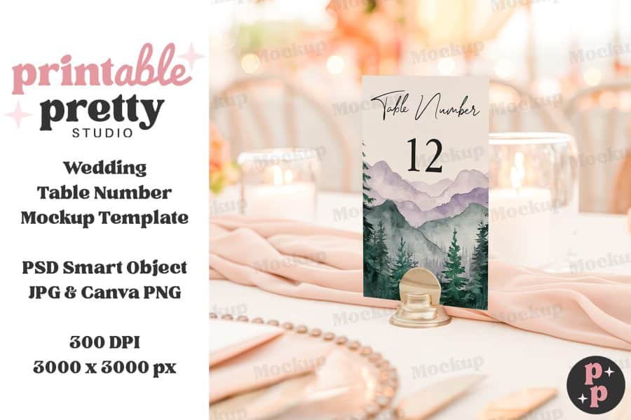 Wedding Table Number Card Mockup Featuring A Watercolor Mountain And Forest Scene; The Number Twelve Is Prominently Displayed.