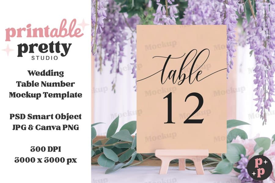 Peach-Colored Wedding Table Number Card, Number Twelve, On A Small Wooden Easel.