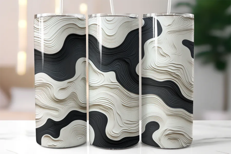 Three Tall Tumblers With Black And White Abstract Wavy Designs.