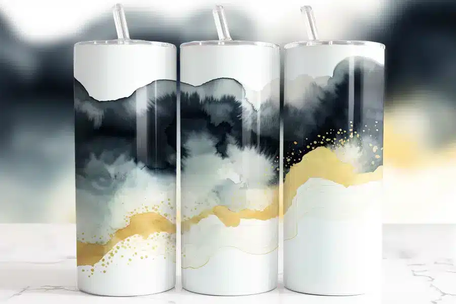 Abstract Black White Gold Watercolor Tumbler Wrap - digital download design with mockup for 20oz skinny tumblers