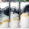 Three White Tumblers With Abstract Gray, Black, And Gold Designs.