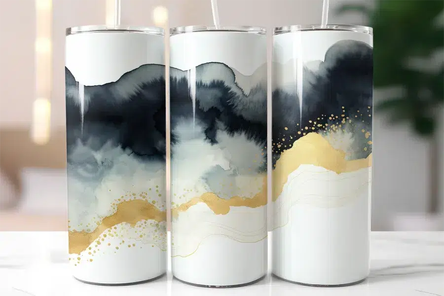Three Tumblers With Abstract Gray, Black, And Gold Designs.