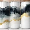 Three Tall Tumblers With An Abstract Design Of Gray And Gold Watercolor Waves.
