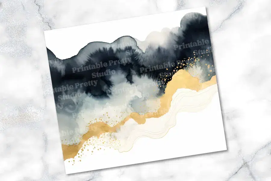 Abstract Watercolor Painting In Shades Of Gray, Black, And Gold.