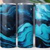 Three Tumblers With A Blue And Black Marbled Design.
