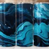 Three Teal And Navy Blue Marble Patterned Tumblers.