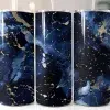 Three Navy Blue And Gold Marble-Patterned Tumblers With Straws.