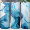 Three Tumblers With A Blue And Gold Marble Design.